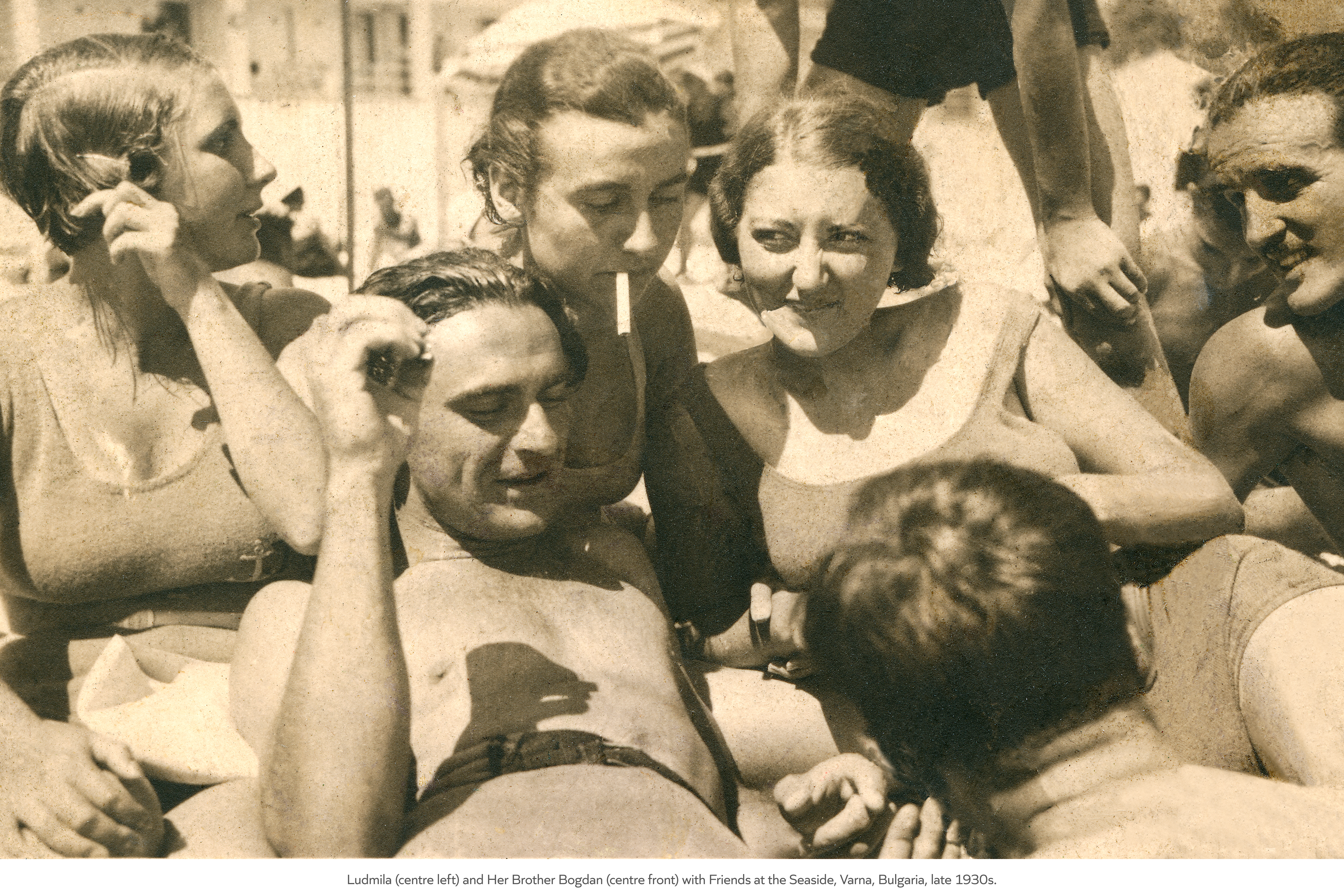 Ludmila (centre left) and Her Brother Bogdan (centre front) with Friends at the Seaside, Varna, Bulgaria, late 1930s.